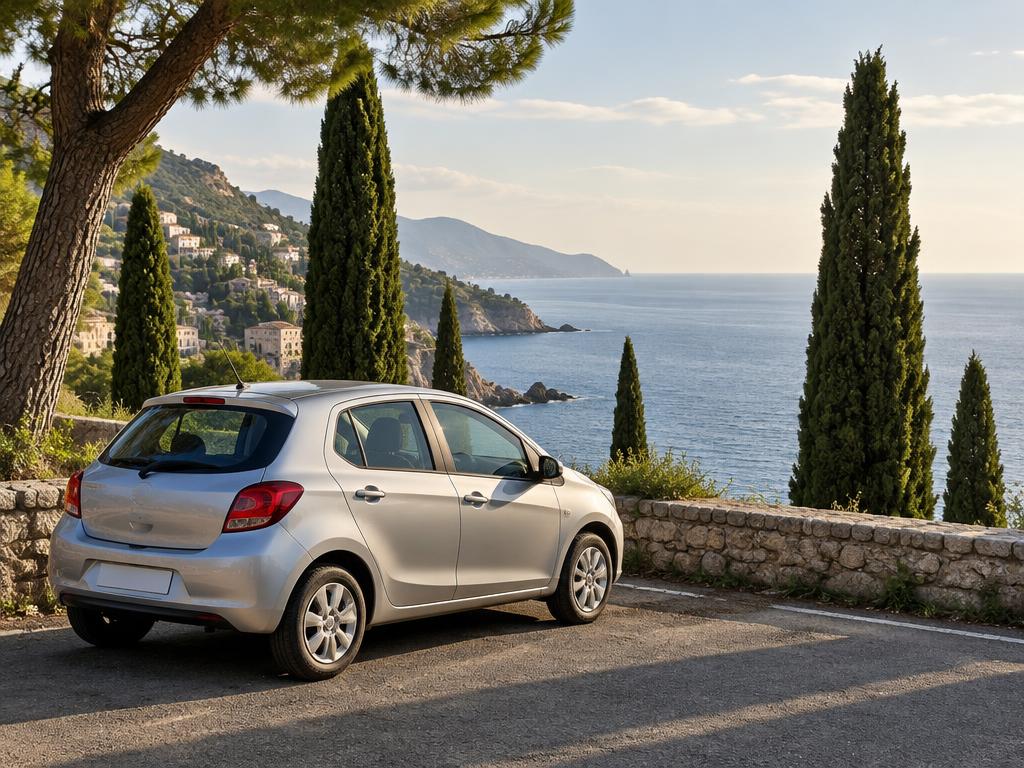 Small car parked on a coastal road lined with cypress trees